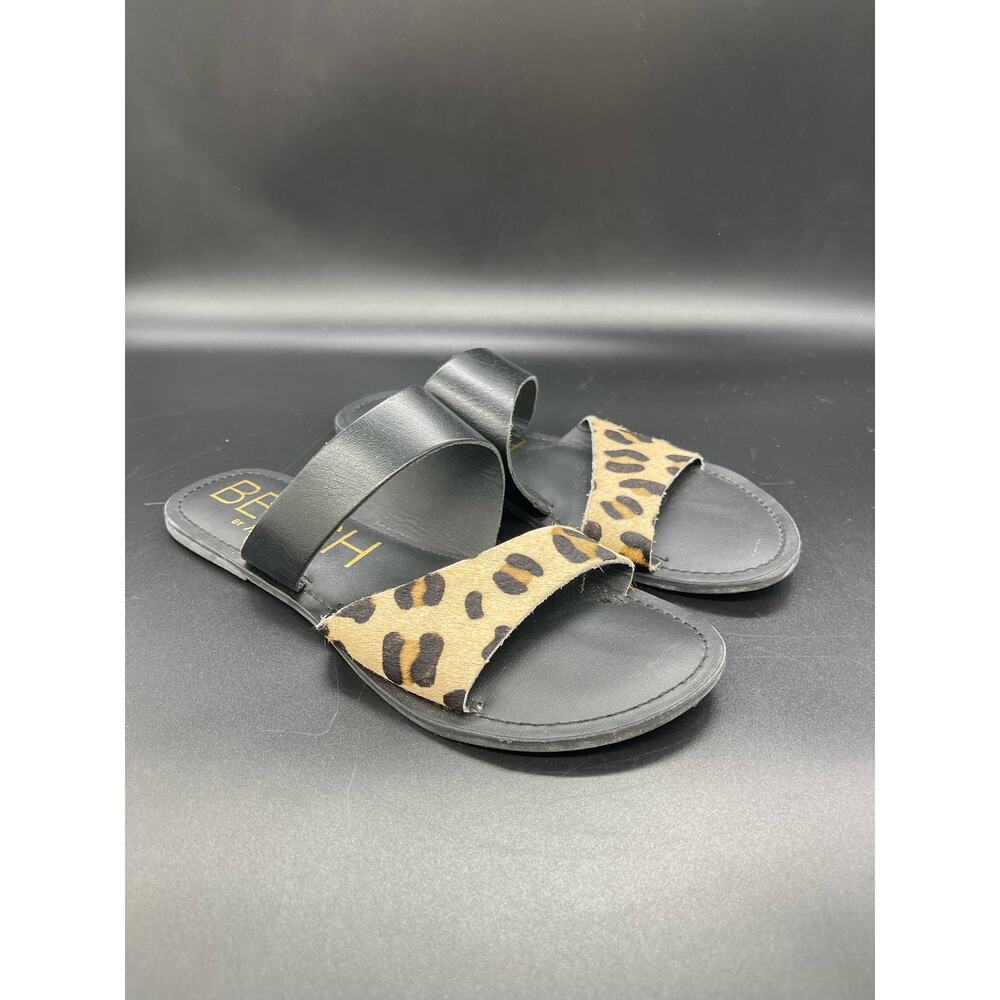 Beach by Matisse Black & Leopard Slip on Flat Sandals Leather Upper Size 8 M